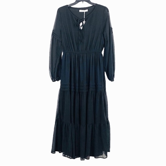 RUSTTYDUSTTY Black Tiered Sheer Long Sleeve Polyester Chiffon Dress Medium NEW - Picture 2 of 11